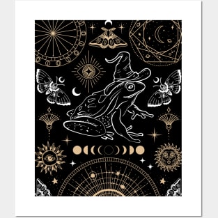 Witchy Frog Under Moon Phases, The Magician with Wizard Hat, Dark Academia Posters and Art